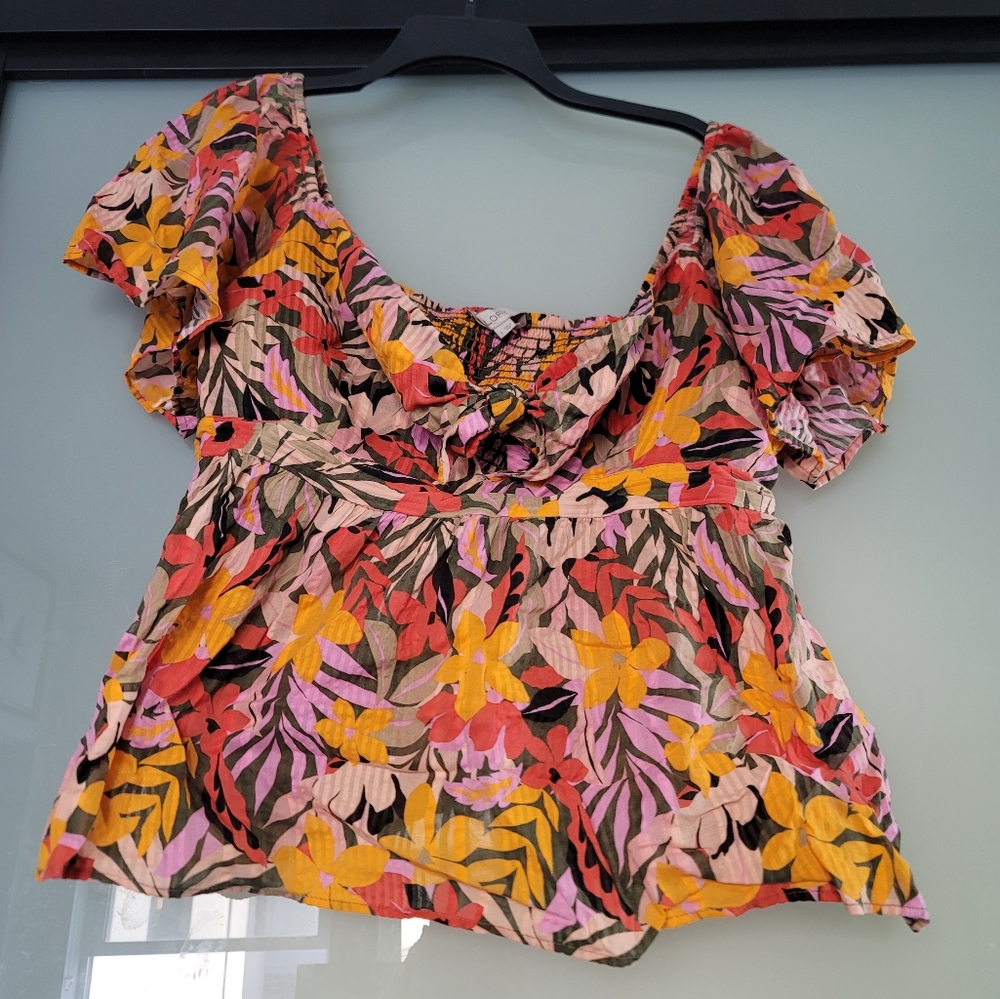 Large floral flutter sleeve, square neck with stretchy back top from Loft